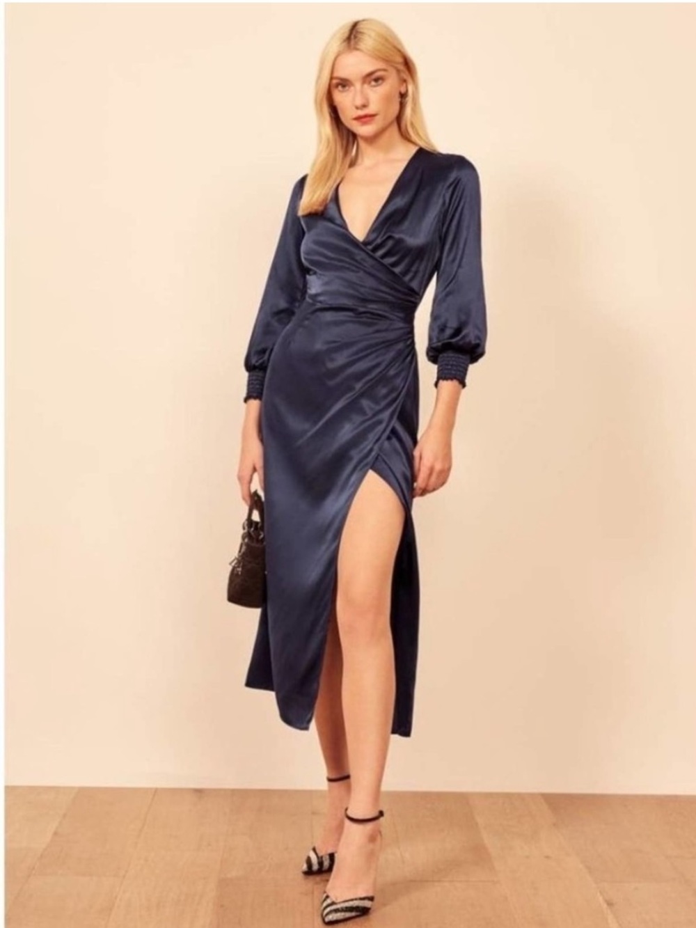 REFORMATION Chantelle Dress Blue Navy Silk Side Slit Midi Size 4